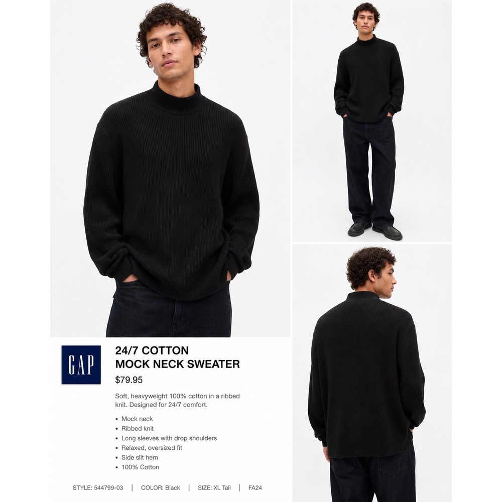 Gap 24/7 Cotton Mockneck Sweater Black Ribbed Knit XL Tall 544799-03-1